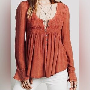 Free People Peasant Style Top, Sz. XS, Burnt Orange, Smocking, Raw Edge Hem